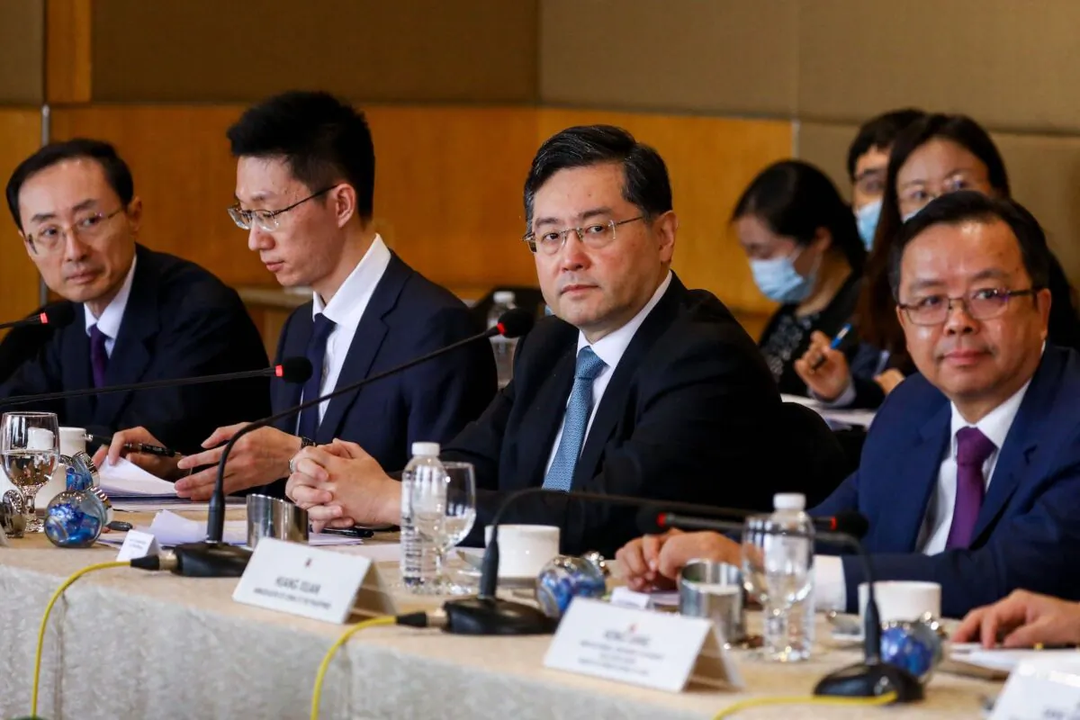 China's Foreign Minister Qin Gang (2nd R) and China's Ambassador to the Philippines Huang Xilian (R) attend a meeting with Philippine Foreign Secretary Enrique Manalo at the Diamond Hotel in Metro Manila on April 22, 2023. (Gerard Carreon/Pool/AFP via Getty Images)