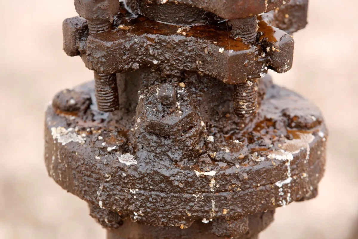 Crude oil and grease is seen caked on a pump jack in the Permian Basin in Loving County, Texas on Nov. 25, 2019. (Angus Mordant/Reuters)