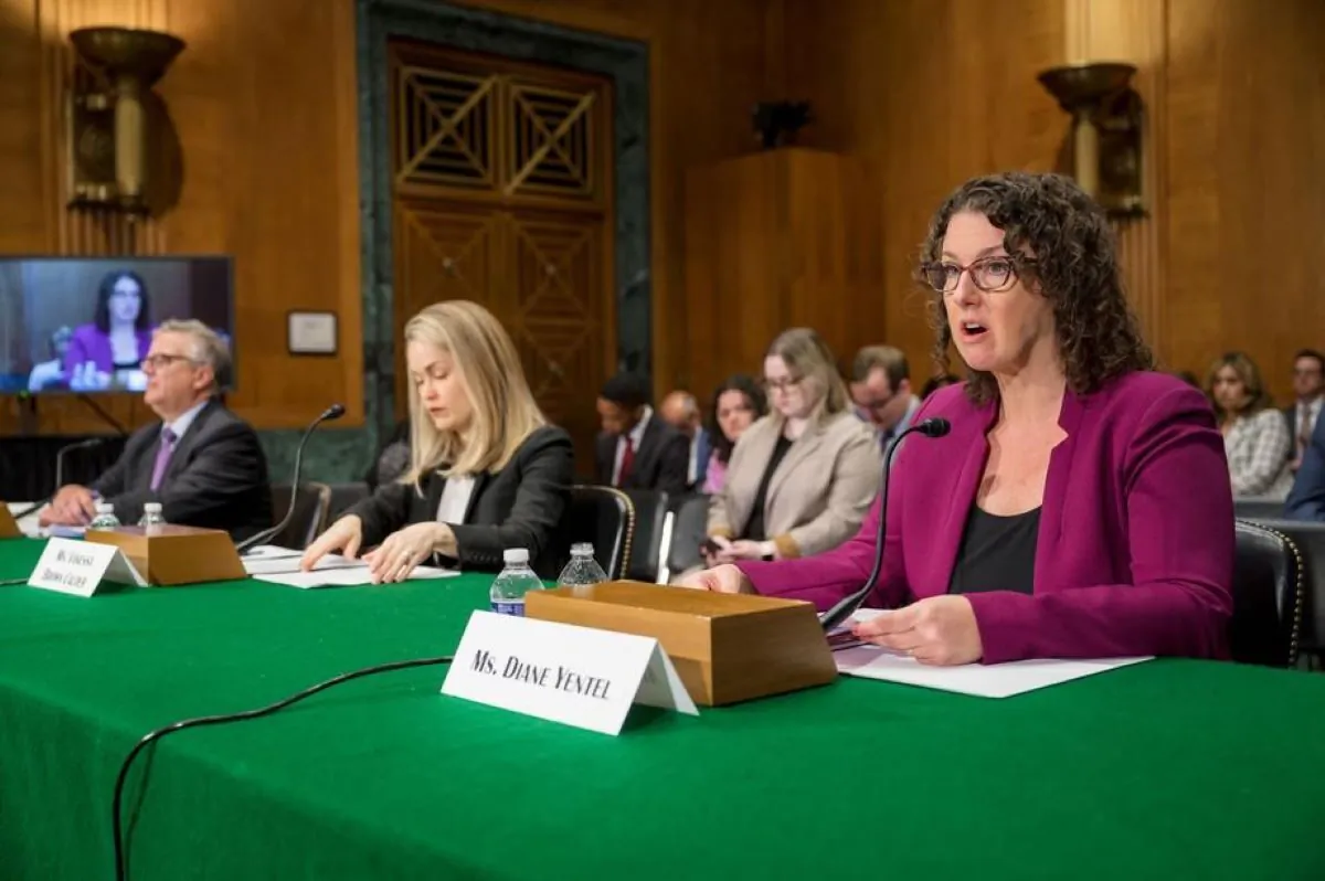 (L–R) Lou Tisler, executive director of the National NeighborWorks Association; Vanessa Brown Calder, director of opportunity and family policy studies at the Cato Institute; and Diane Yentel, president and CEO of the National Low Income Housing Coalition, speak at a hearing of the Senate Committee on Banking, Housing, and Urban Affairs on Capitol Hill in Washington on April 26, 2023. (Senate Committee on Banking, Housing, and Urban Affairs) 