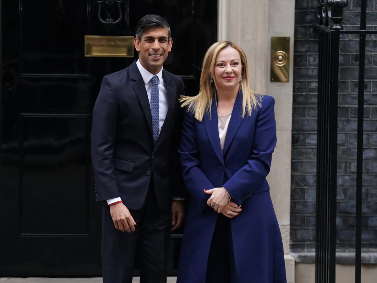 Prime Minister Rishi Sunak welcomes Italian Prime Minister Giorgia Meloni to 10 Downing Street in London on April 27, 2023. (James Manning/PA Media)