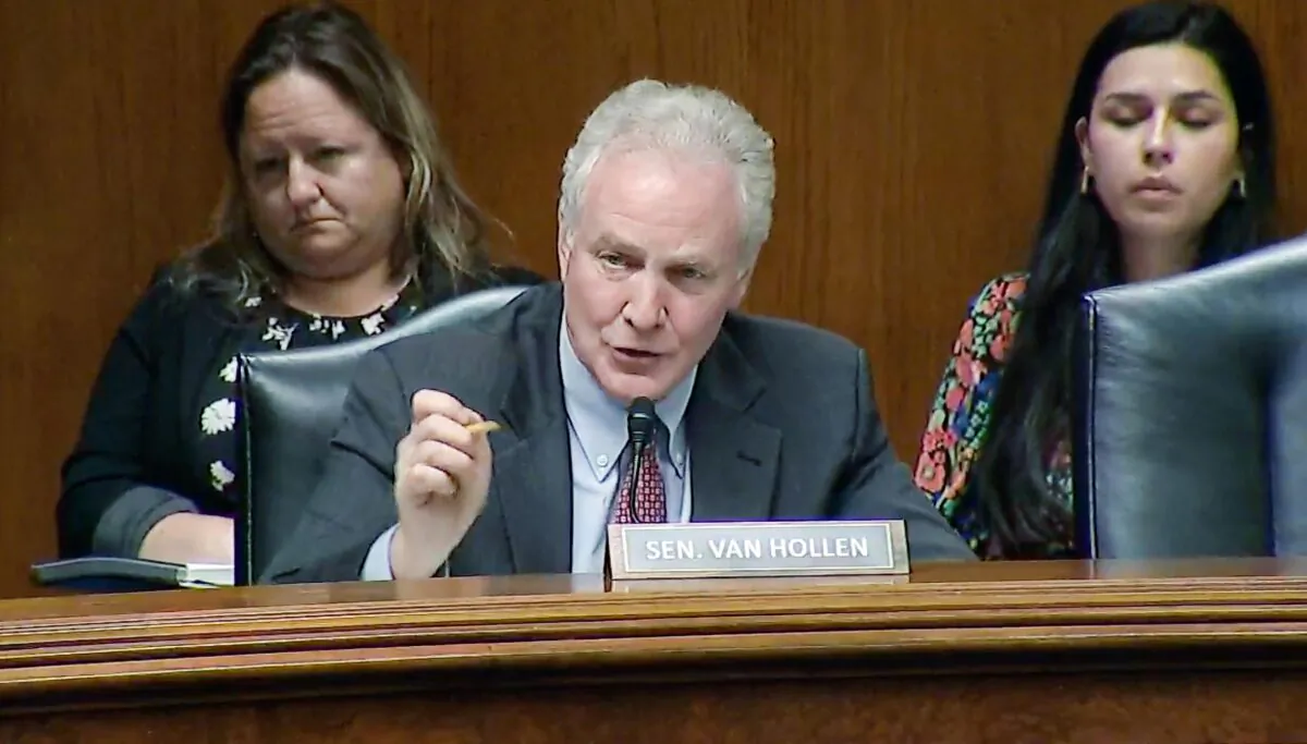 U.S. Sen. Chris Van Hollen (D-Md.) says former Fox New host Tucker Carlson created a "false narrative" regarding Jan. 6, 2021, at the Capitol on April 25, 2023. (U.S. Senate Video/Screenshot via The Epoch Times)