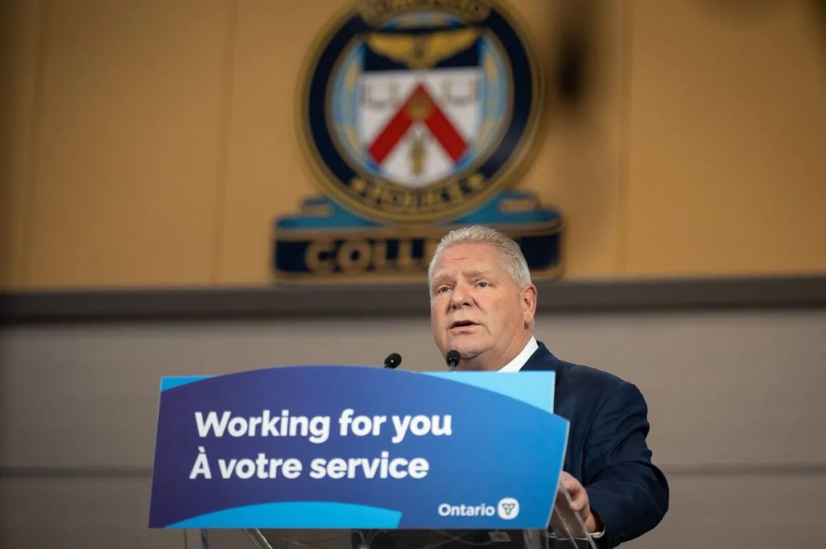 Ontario Premier Doug Ford answers questions during a press conference at the Toronto Police College in Etobicoke, Ont., on April 25, 2023. (The Canadian Press/ Tijana Martin)
