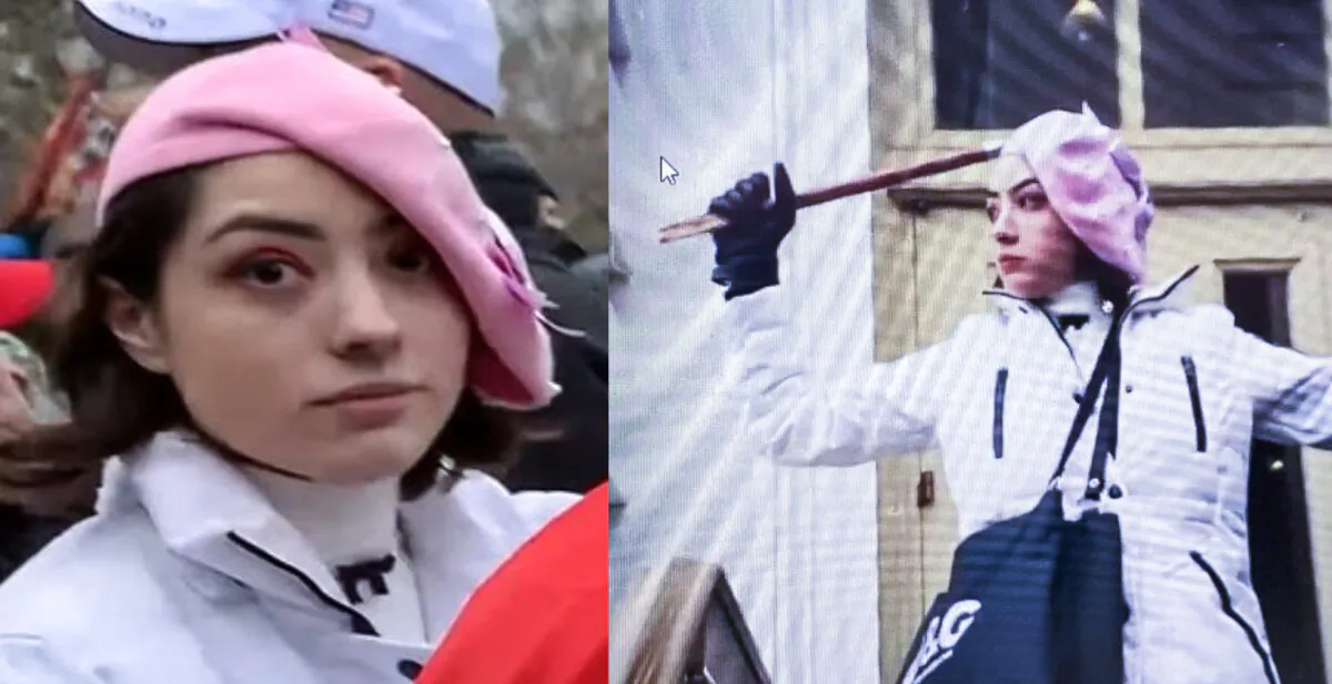 The mysterious woman known on social media as #PinkBeret is now being sought by the FBI for her actions on Jan. 6, 2021. (FBI and U.S. District Court/Screenshots via The Epoch Times)