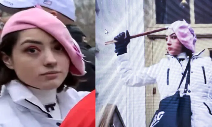 The mysterious woman known on social media as #PinkBeret is now being sought by the FBI for her actions on Jan. 6, 2021. (FBI and U.S. District Court/Screenshots via The Epoch Times)