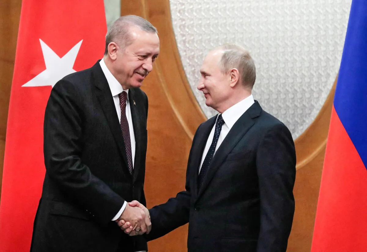 Russian President Vladimir Putin meets with his Turkish counterpart Recep Tayyip Erdogan in the Black Sea resort of Sochi on February 14, 2019. (Photo by Sergei CHIRIKOV / POOL / AFP) (Photo by SERGEI CHIRIKOV/POOL/AFP via Getty Images)