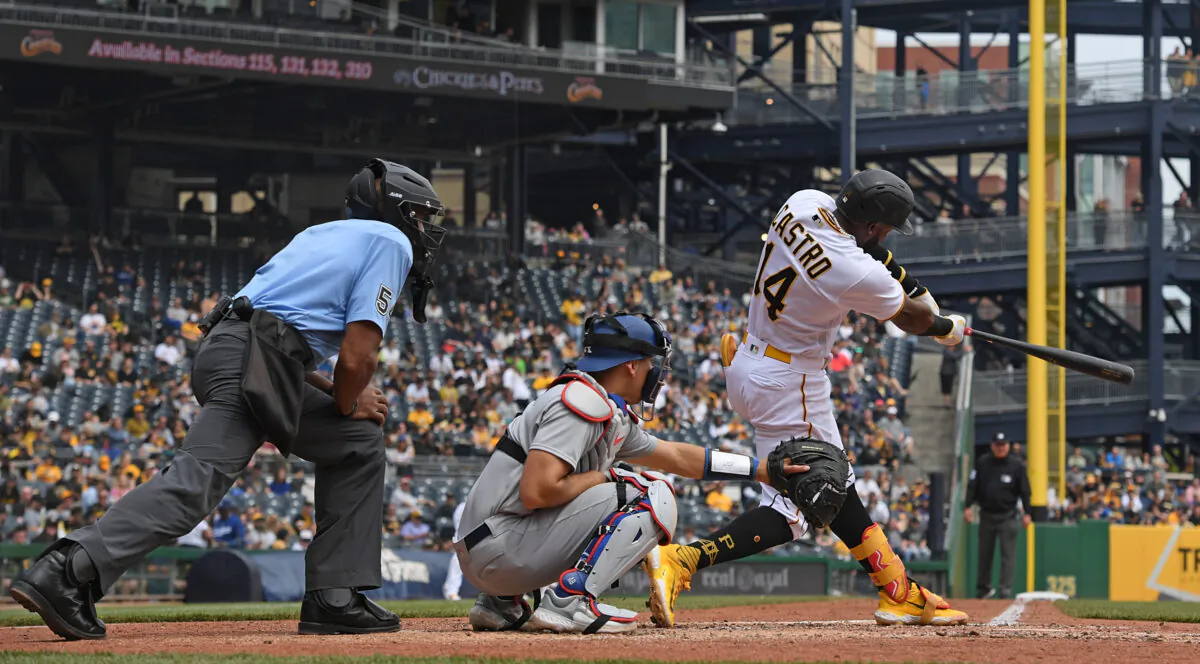 Rodolfo Castro (14) of the Pittsburgh Pirates hits a solo home run in the sixth inning during the game against the Los Angeles Dodgers at PNC Park in Pittsburgh on April 27, 2023. (Justin Berl/Getty Images)