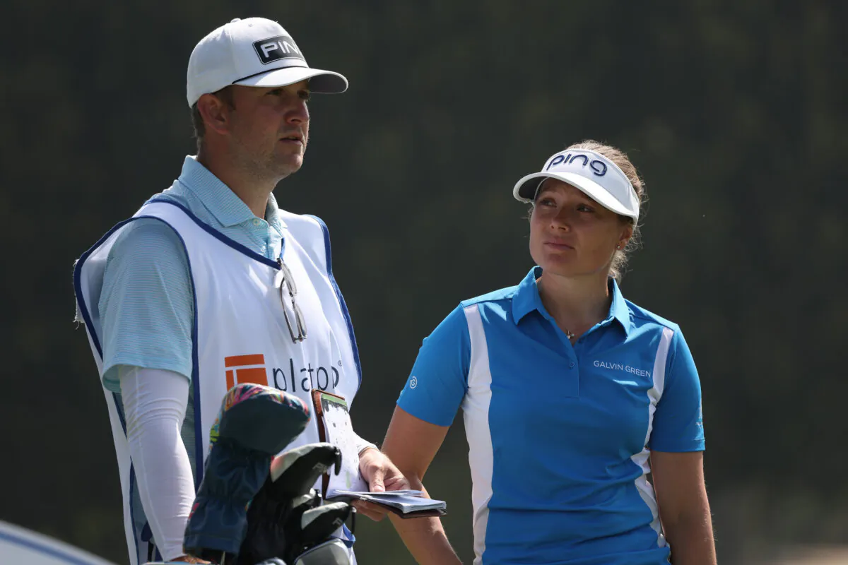 Linnea Johansson of Sweden looks on from the 14th tee during the first round of the JM Eagle LA Championship presented by Plastpro at Wilshire Country Club in Los Angeles on April 27, 2023. (Harry How/Getty Images)