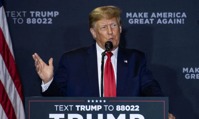 Former President Donald Trump speaks during a Make America Great Again rally in Manchester, N.H., on April 27, 2023. (Joseph Prezioso/AFP via Getty Images)