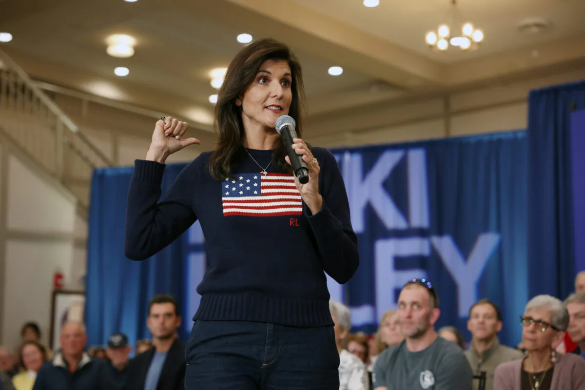 Republican presidential candidate and former UN Ambassador Nikki Haley speaks at a town hall event in Bedford, N.H., on April 26, 2023. (Spencer Platt/Getty Images)