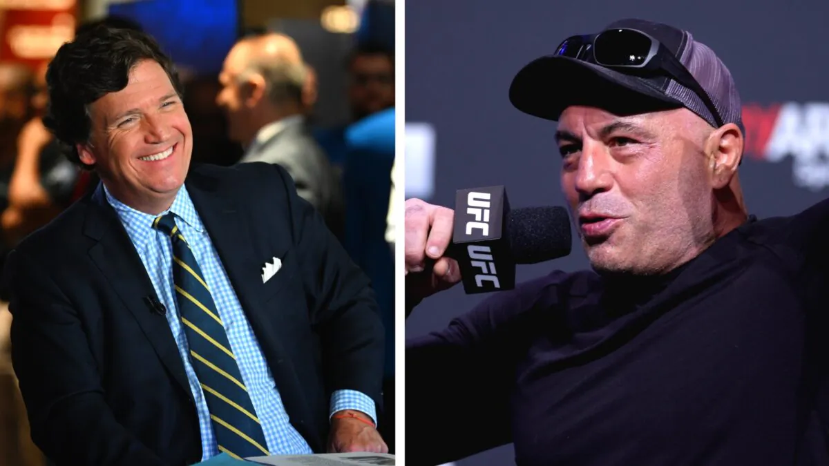 Tucker Carlson (L) at the Seminole Hard Rock Hotel & Casino Hollywood in Hollywood, Fla., on Nov. 17, 2022. (Jason Koerner/Getty Images); Joe Rogan (R) attends the UFC 277 ceremonial weigh-in at American Airlines Center in Dallas, Texas, on July 29, 2022. (Carmen Mandato/Getty Images)