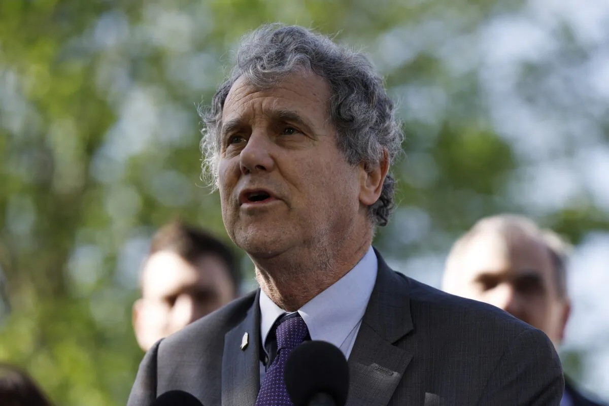Sen. Sherrod Brown (D-Ohio) speaks at a press conference on the introduction of the Senate Ethics Act outside the U.S. Capitol Building in Washington on April 18, 2023. (Anna Moneymaker/Getty Images)