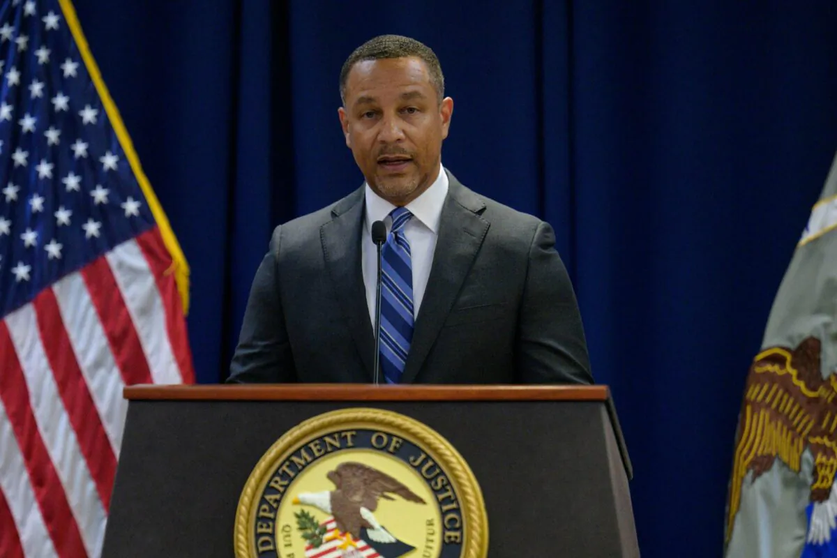 U.S. Attorney Breon Peace speaks at a Department of Justice press conference announcing the arrests of two men for setting up a Chinese “police station” in New York and charges against 34 Chinese public security officials for a campaign to monitor and harass Chinese dissidents in the United States, in New York City, April 17, 2023. (Angela Weiss/AFP/Getty Images)