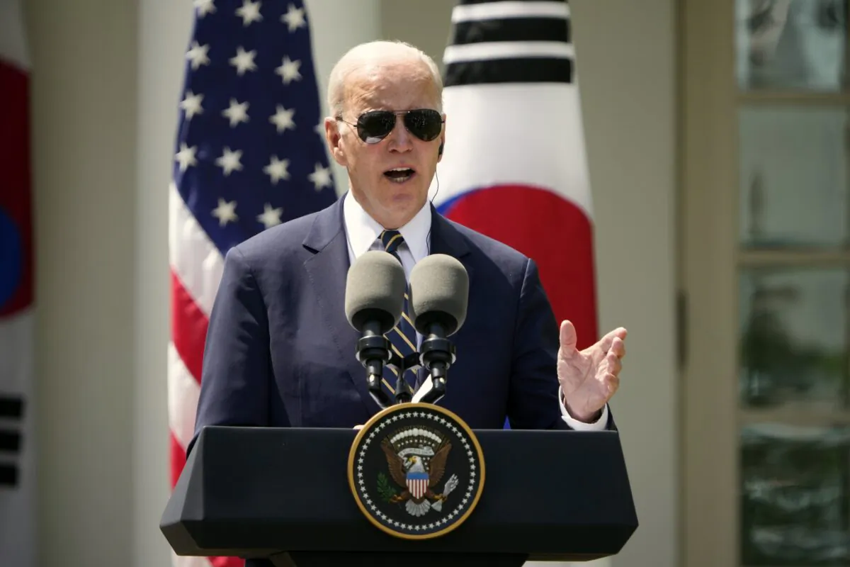 President Joe Biden delivers remarks during a joint press conference with South Korean President Yoon Suk-yeol in the Rose Garden at the White House on April 26, 2023. (Drew Angerer/Getty Images)