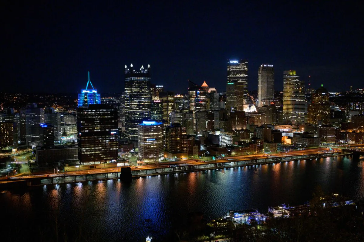 Skyline view of downtown Pittsburgh, Pa., at night on Nov. 7, 2022, on the eve of the U.S. midterm elections. (Angela Weiss/AFP via Getty Images)