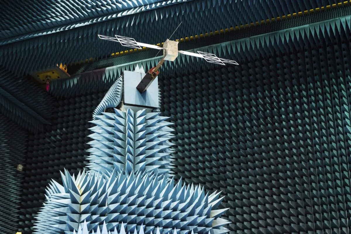 A 1:18 scale model of the Juice mission's RIME antenna—Radar for Icy Moons Exploration, mounted on top of a simplified spacecraft model during tests in the Hertz facility at the European Space Research and Technology Centre (ESTEC) in Noordwijk, The Netherlands, in an undated photo. (European Space Agency via AP)