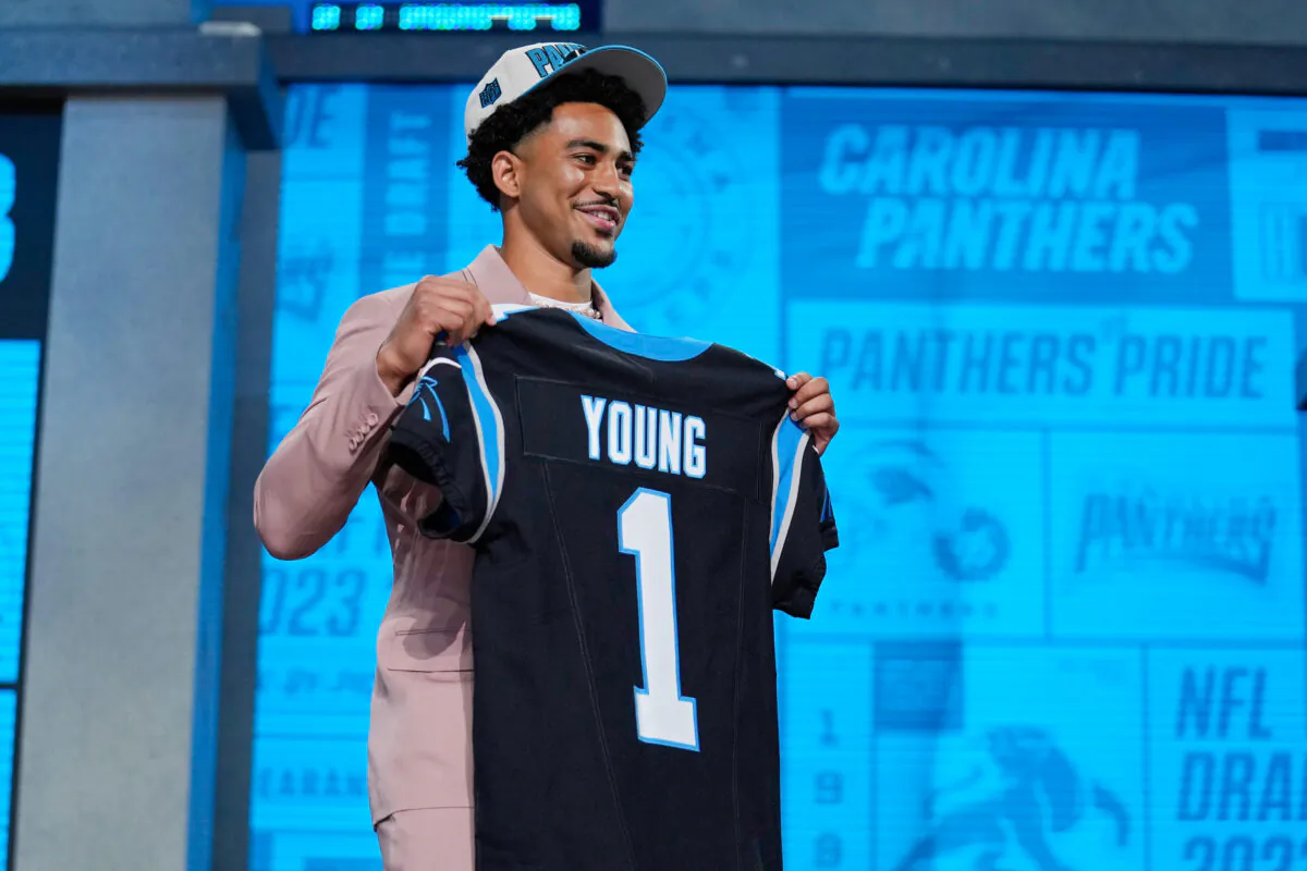 Alabama quarterback Bryce Young poses after being chosen by Carolina Panthers with the first overall pick during the first round of the NFL football draft in Kansas City, Mo., on April 27, 2023. (Jeff Roberson/AP Photo)