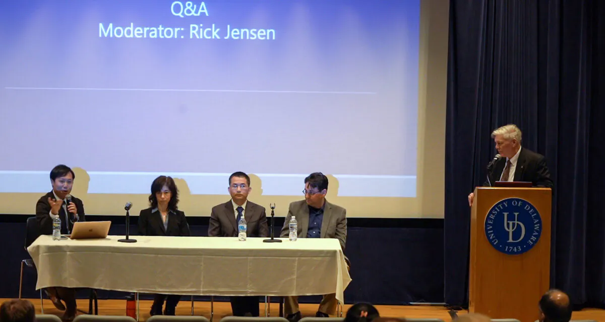 Delaware talk-show host Rick Jensen, right, moderates a panel discussion at the Trabant Theater, University of Delaware, on April 26, 2023. The four panelists, from left, are Dr. Alex Chen, International Liaison Officer of the Taiwan Association for International Care of Organ Transplantation; Dr. Jessica Russo from Doctors Against Forced Organ Harvesting; Kui Huang, a survivor of religious persecution in China; and Alex Luchansky from Greater Philadelphia Falun Dafa Association. (Nancy Wang/The Epoch Times)