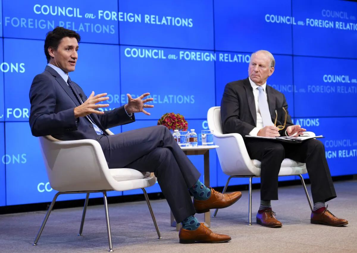 Prime Minister Justin Trudeau takes part in a question and answer session with Richard Haass, President of the Council on Foreign Relations, at the Council on Foreign Relations in New York on April 28, 2023. (Sean Kilpatrick/The Canadian Press)