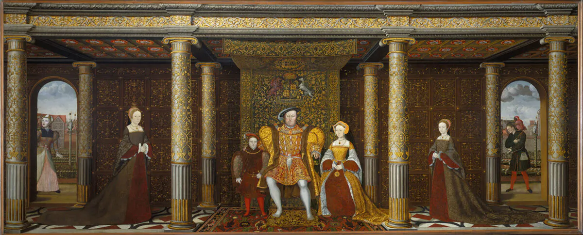 Dynastic portrait of Henry VIII flanked by his third wife, Jane Seymour, and Prince Edward with Princess Mary on the left and Princess Elizabeth on the right. "The Family of Henry VIII," circa 1545, by unknown painter. Oil on canvas, 55 1/2 inches by 140 inches. Hampton Court Palace, UK. (Public Domain)
