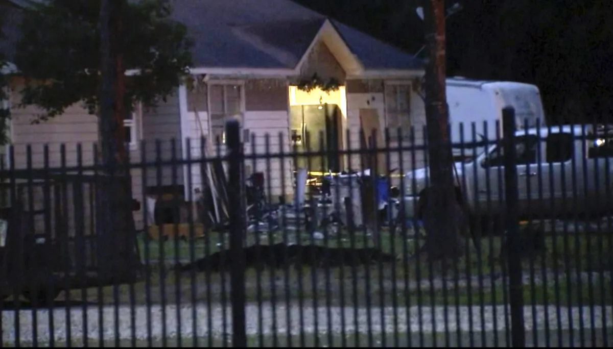 A home that is the scene of a shooting in which 5 people were killed, in Cleveland, Texas, on April 29, 2023. (KTRK via AP)