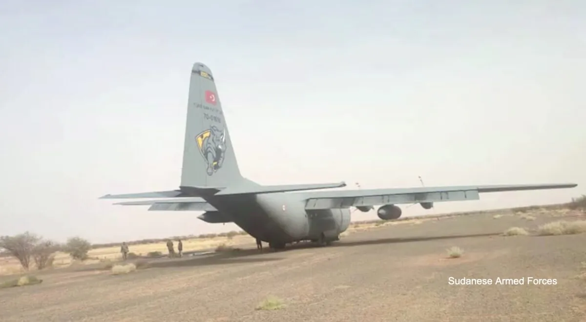 A damaged Turkish military aircraft claimed to be at Wadi Seyidna airport near Khartoum, Sudan, in a photo released by the Sudanese Armed Forces on April 28, 2023. (Sudanese Armed Forces via Reuters)
