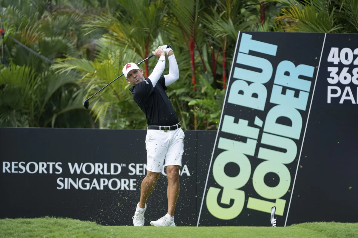Sergio Garcia hits a shot from the tenth tee during the second round of LIV Golf Singapore at the Sentosa Golf Club on Sentosa Island in Singapore, on April 29, 2023. (Charles Laberge/LIV Golf via AP)