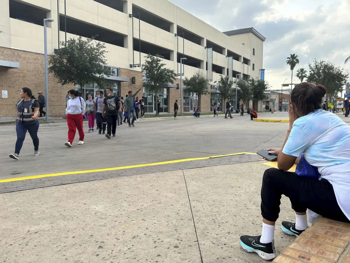 A group of people leave a welcome center for migrants in Brownsville, Texas, on April 28, 2023. (Valerie Gonzalez/AP Photo)