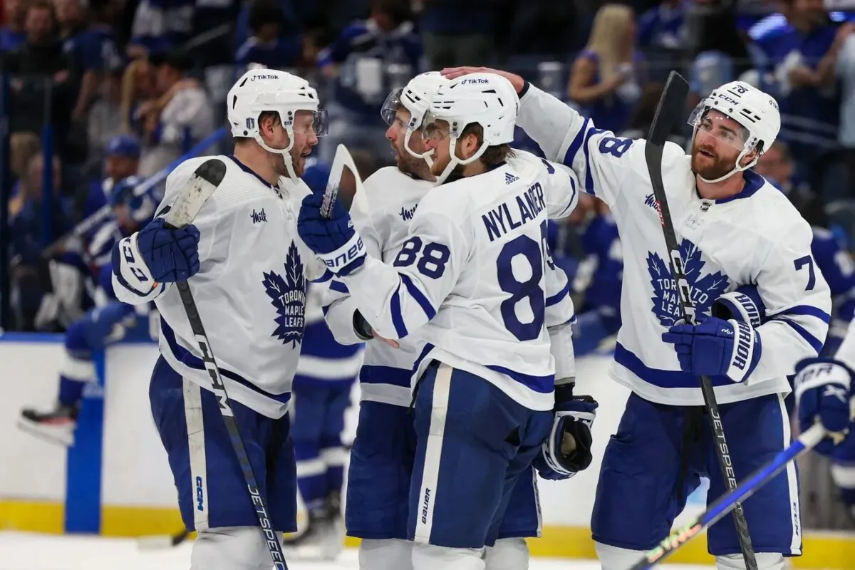 Toronto Maple Leafs celebrate after beating the Tampa Bay Lightning in overtime during game six of the first round of the 2023 Stanley Cup Playoffs at Amalie Arena in Tampa, Fla., on April 29, 2023. (Nathan Ray Seebeck/USA TODAY Sports via Field Level Media)