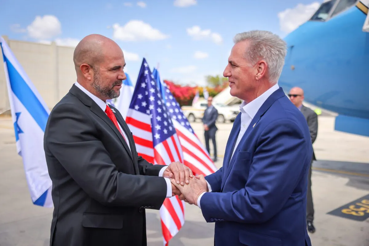 U.S. House Speaker Kevin McCarthy (R-Calif.) and Knesset Speaker Amir Ohana (L) at Ben Gurion Airport, Israel, on April 30, 2023. (Noam Moskowitz/Knesset Spokesmanship Office)