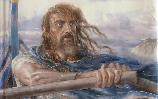 Ulysses wants to travel the world instead of ruling Ithaca, as presented in Tenneyson's "Ulysses." Book cover illustration by Alan Lee for "The Wanderings of Odysseus" (2005) by Rosemary Sutcliffe.(Public Domain)