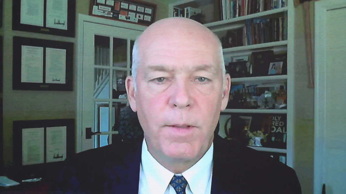 Montana Gov. Greg Gianforte speaks remotely as President Joe Biden listens during a virtual meeting in the South Court Auditorium in the Eisenhower Executive Office Building in Washington on July 30, 2021. (Anna Moneymaker/Getty Images)