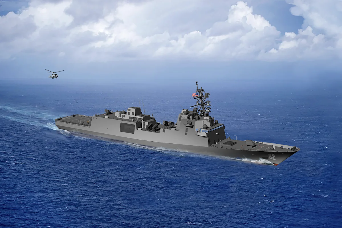 An artist rendering of a new U.S. Navy guided-missile frigate class, Constellation—named after one of the foundling Navy’s first six frigates and the aircraft carrier that was the “workhorse od the 7th fleet” for a half century—that begins production this year the christening of USS Constellation. (U.S. Navy Graphic)