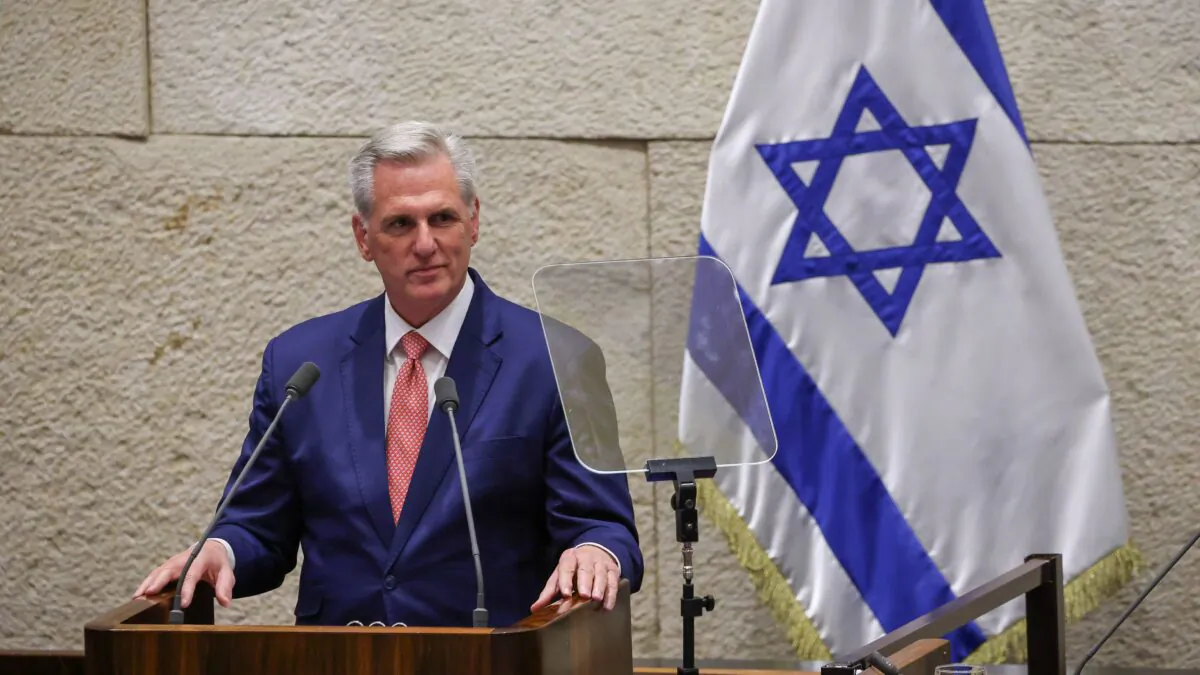U.S. Speaker of the House Kevin McCarthy addresses the Israeli Knesset in Jerusalem, Israel, on May 1, 2023. (Noam Moskowitz/Knesset Press Office)
