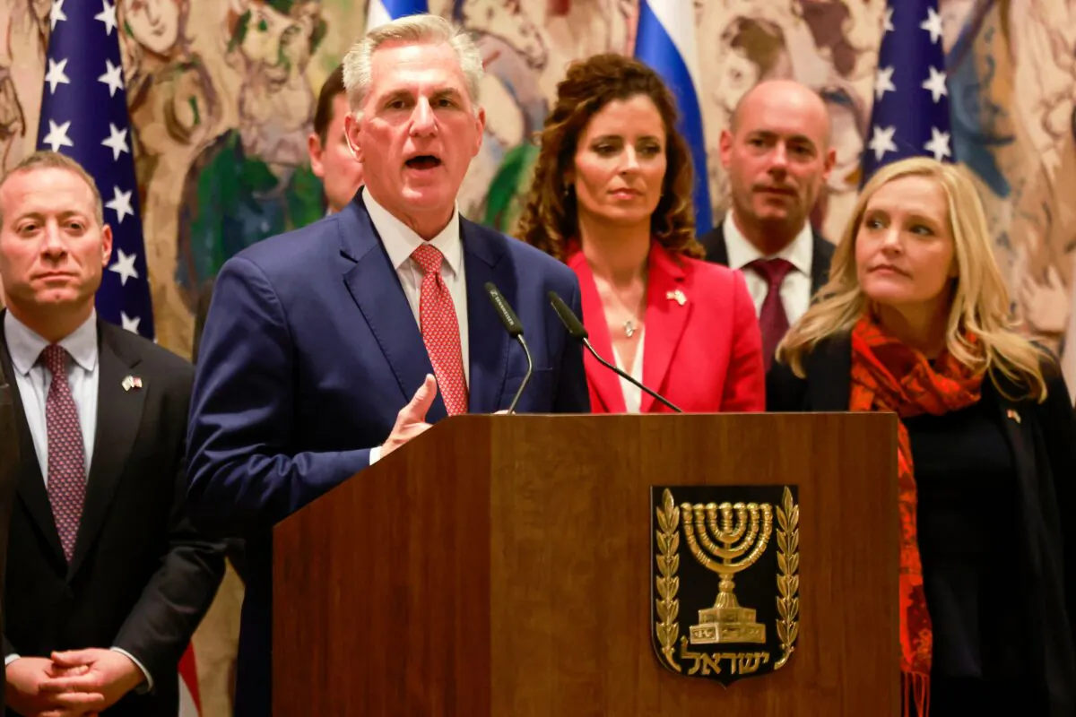 US Speaker of the House Kevin McCarthy speaks after the signing of an agreement with his Israeli counterpart at the Shagall Hall in the Knesset, the Israeli Parliament, in Jerusalem on May 1, 2023, during his visit to the country with a Congress delegation. (Photo by Menahem KAHANA / AFP) (Photo by MENAHEM KAHANA/AFP via Getty Images)