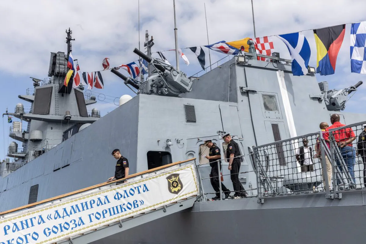 A general view of the Russian military frigate "Admiral Gorshkov" docked at the port in Richards Bay, South Africa, on February 22, 2023. (GUILLEM SARTORIO/AFP via Getty Images)