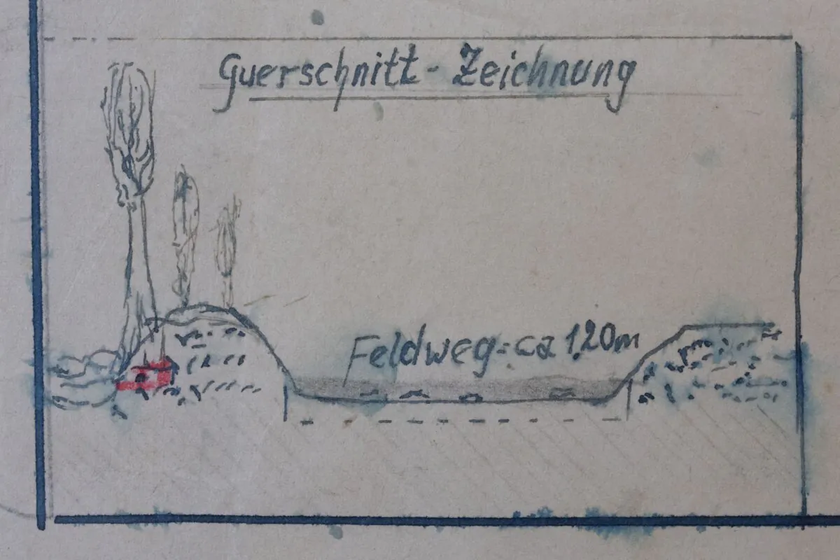 Detail of the map showing a cross-section of the road where the Nazi loot was reportedly buried in Ommeren, near Arnhem, at the National Archive of the Netherlands in The Hague on Jan. 23, 2023. (Peter Dejong/AP Photo)