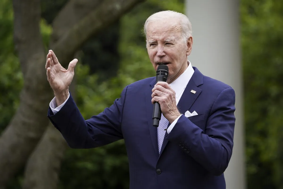 President Joe Biden speaks about "building on the small business boom" during National Small Business Week in the Rose Garden at the White House in Washington on May 1, 2023.(Madalina Vasiliu/The Epoch Times)