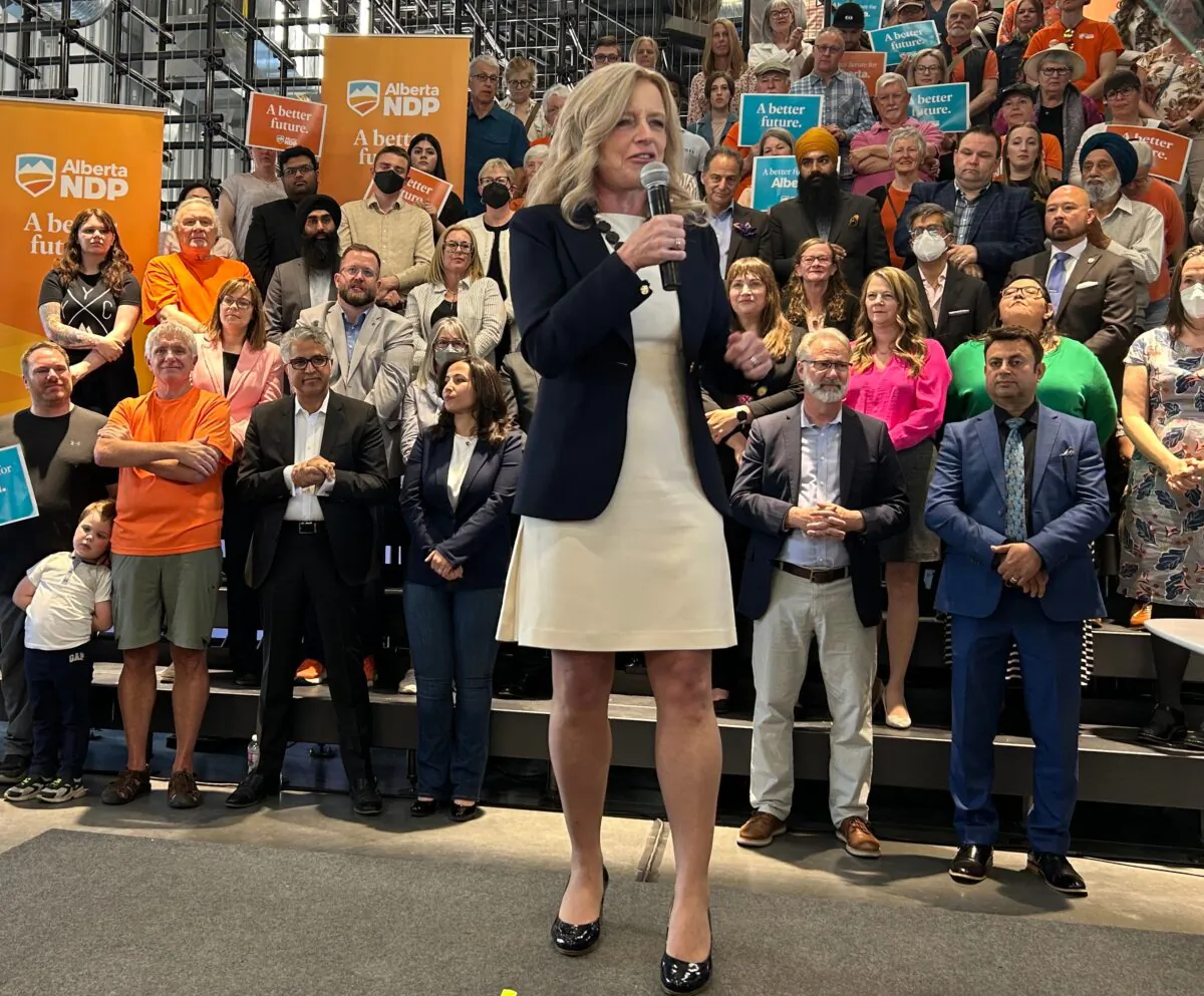 Alberta NDP Leader Rachel Notley addresses supporters as she kicks off her campaign for the provincial election in Calgary on May 1, 2023. (Colette Derworiz/The Canadian Press)