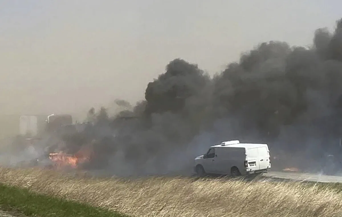 Smoke billows after a crash involving at least 20 vehicles shut down a highway in Ill. on May 1, 2023. (WICS TV via AP)