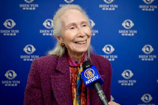 Catherine Taittinger, widow of the president of the eponymous champagne brand and former president of the Society for the Protection of Children in Reims, attended Shen Yun, in Paris, on April 27, 2023. (NTD)