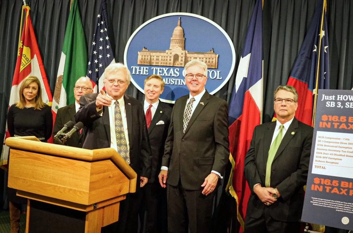 Texas Republican State Sens. Paul Bettencourt  (center), Tan Parker (3rd from left) and Republican Lt. Gov. Dan Patrick (2nd from left) held a press conference at the Texas Capitol in Austin, Texas, on March 14, 2023. (Courtesy Team Bettencourt)