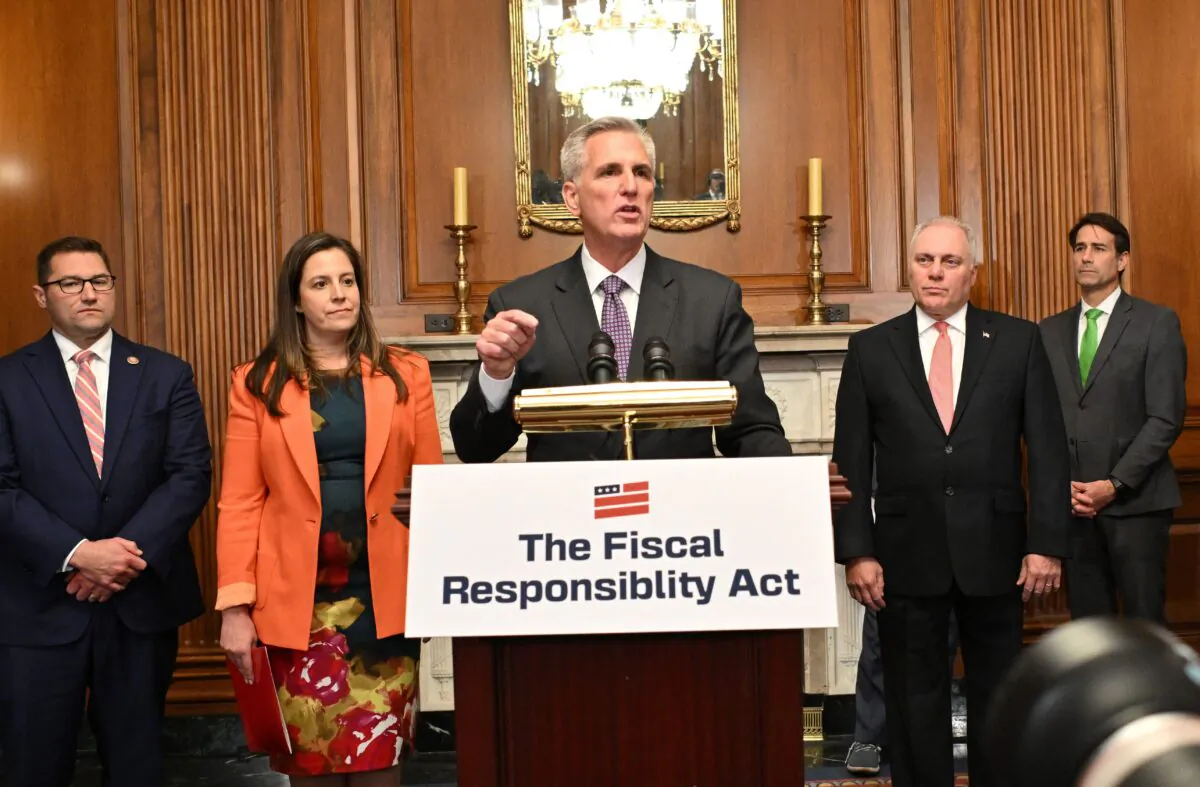 House Speaker Kevin McCarthy (R-Calif.) speaks in the Rayburn Room following the House vote on Fiscal Responsibility Act at the U.S. Capitol on May 31, 2023. (Mandel Ngan/AFP via Getty Images)