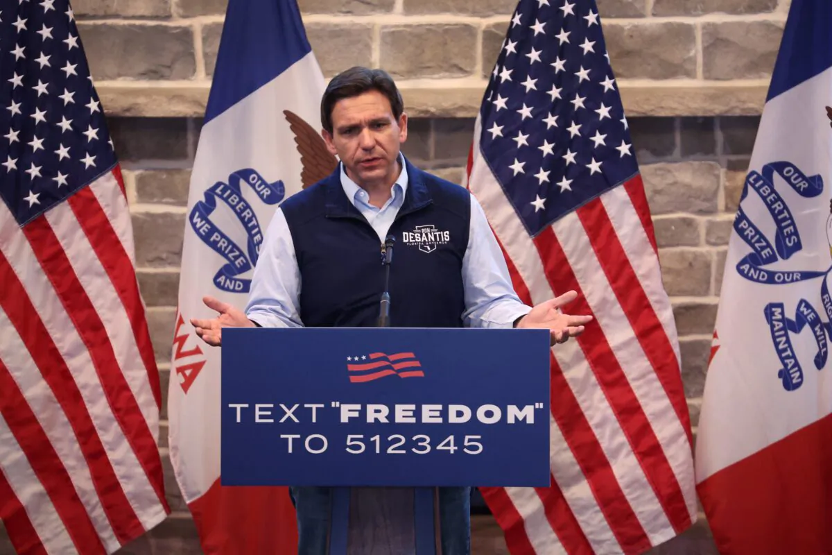 Republican presidential candidate Florida Gov. Ron DeSantis speaks to guests during a campaign event in Pella, Iowa, on May 31, 2023. (Scott Olson/Getty Images)