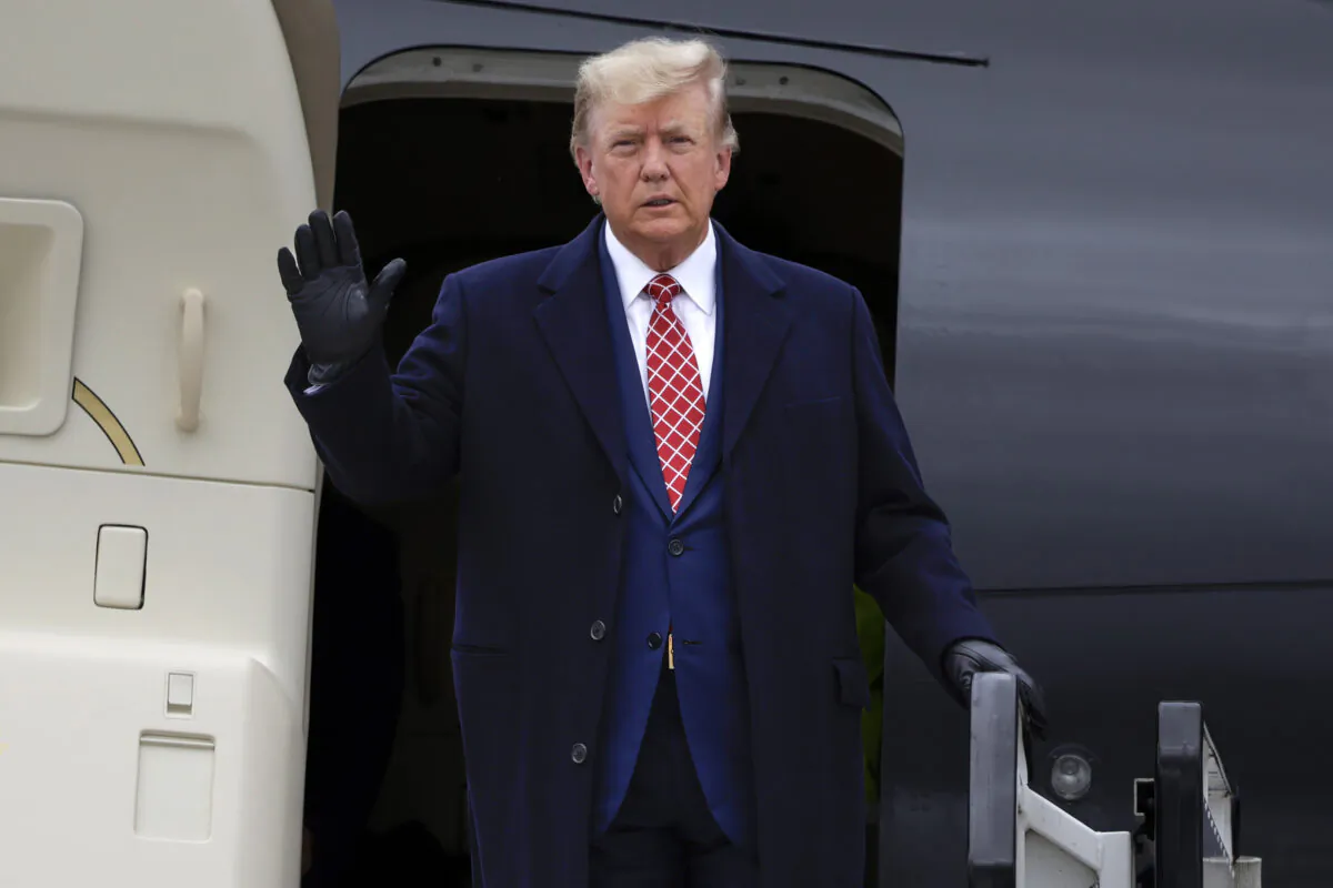 Former President Donald Trump disembarks his plane "Trump Force One" at Aberdeen Airport in Aberdeen, Scotland, on May 1, 2023. (Jeff J Mitchell/Getty Images)