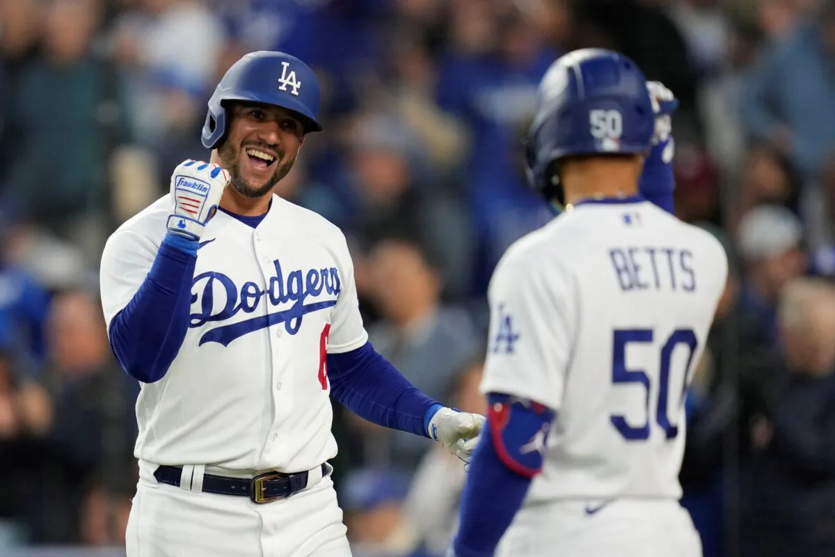 Los Angeles Dodgers' David Peralta (6) celebrates with Mookie Betts (50) after hitting a home run during the second inning of a baseball game against the Philadelphia Phillies in Los Angeles on May 1, 2023. (Ashley Landis/AP Photo)