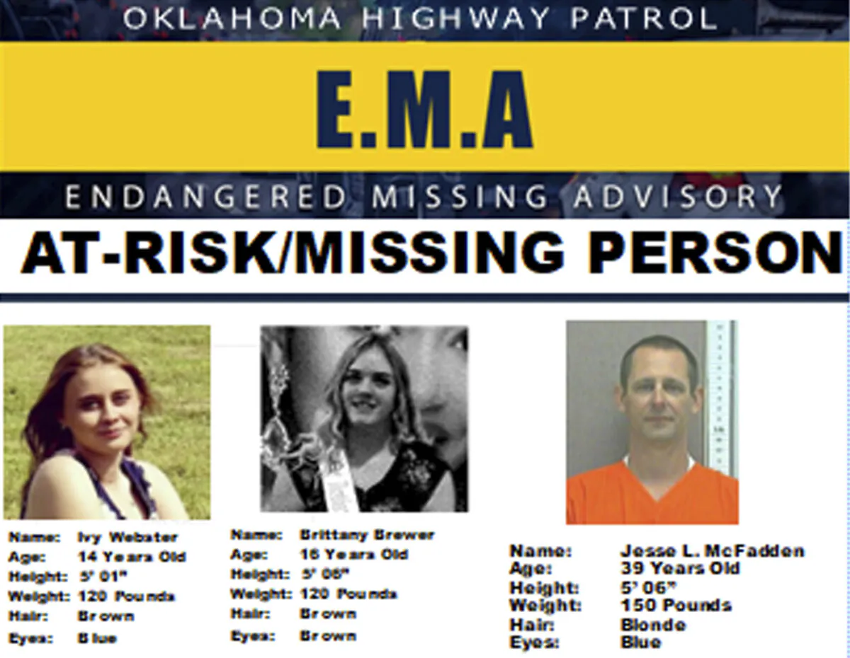 This missing poster shows 14-year-old Ivy Webster (L), 16-year-old Brittany Brewer (C), and Jesse McFadden, who were reported missing on May 1, 2023. (Oklahoma Highway Patrol via AP)