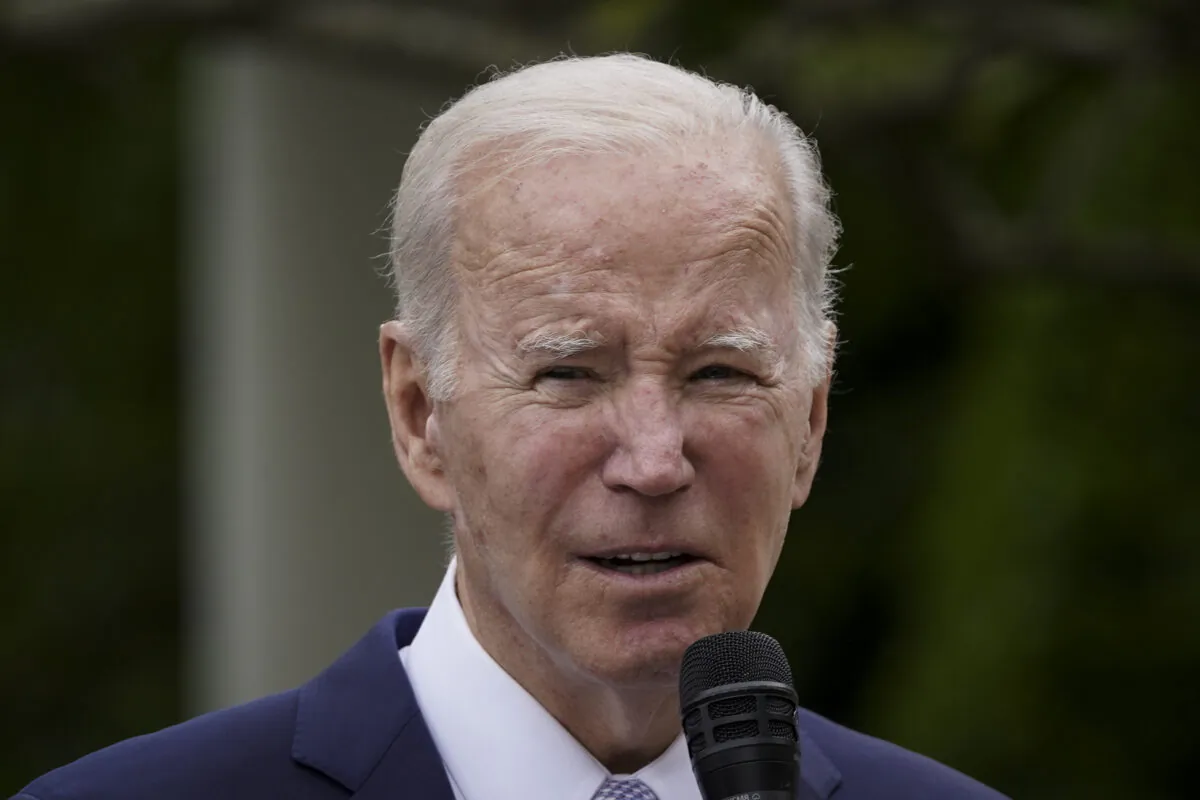 President Joe Biden speaks about "building on the small business boom" during National Small Business Week in the Rose Garden at the White House in Washington on May 1, 2023. (Madalina Vasiliu/The Epoch Times)
