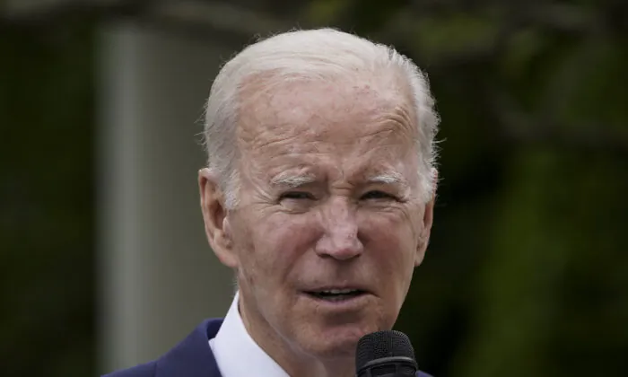 President Joe Biden speaks about "building on the small business boom" during National Small Business Week in the Rose Garden at the White House in Washington on May 1, 2023. (Madalina Vasiliu/The Epoch Times)