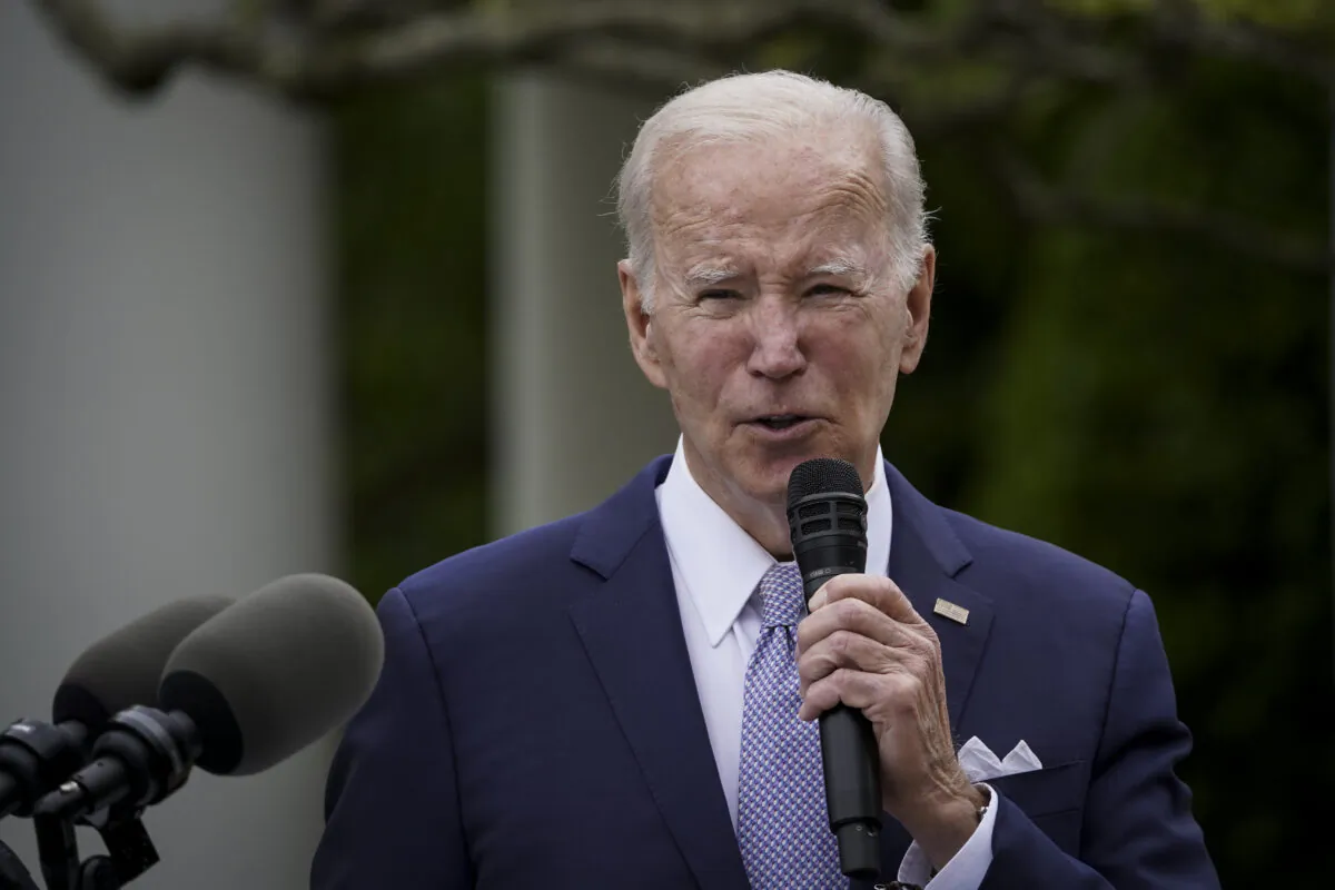 President Joe Biden speaks at the White House in Washington on May 1, 2023. (Madalina Vasiliu/The Epoch Times)