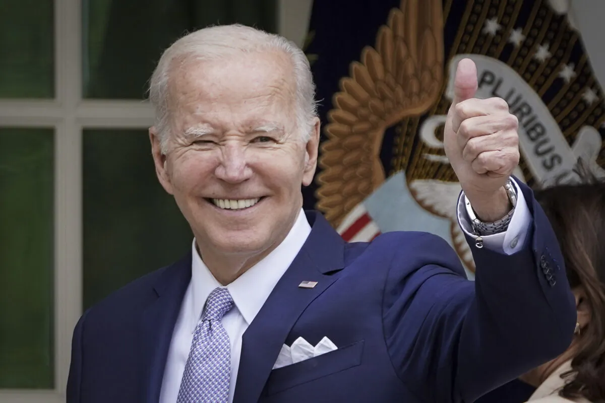 President Joe Biden speaks about "building on the small business boom" during National Small Business Week in the Rose Garden at the White House in Washington on May 1, 2023. (Madalina Vasiliu/The Epoch Times)